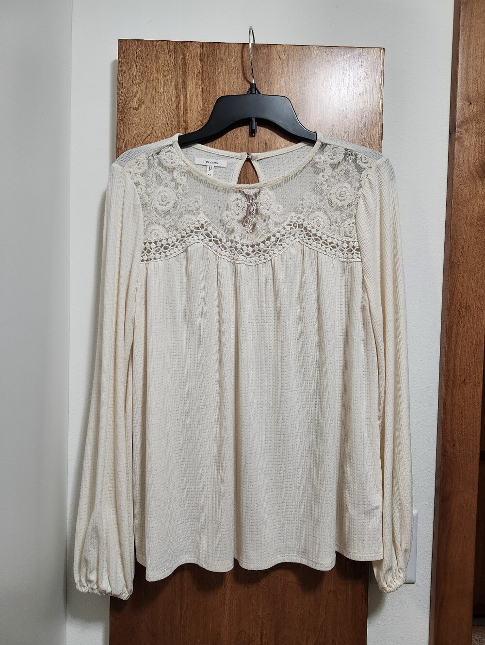 Maurices Size M Long Sleeve Off White Embroidered Yoke Front Top